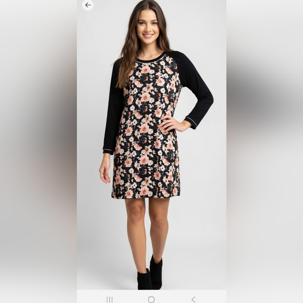 WORN ONCE Floral Long Raglan Sleeve Dress - Black and Cream